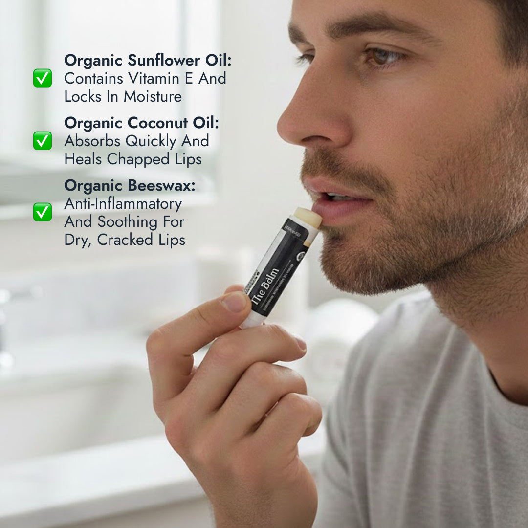 Man applying a lip balm with product details on organic ingredients.