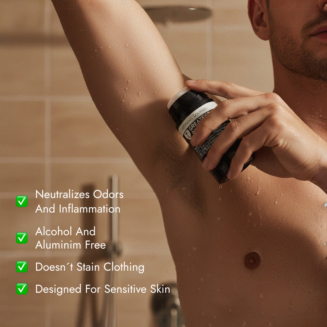 Person applying a deodorant stick to their armpit with product features listed.