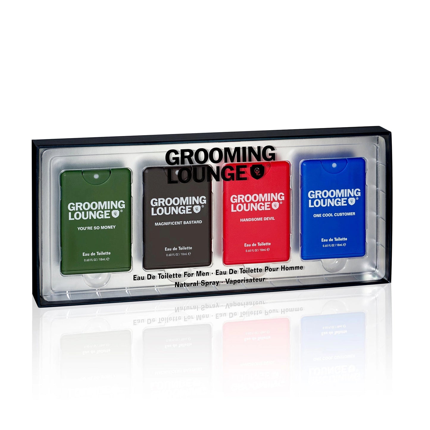 Give yourself or someone you smell a lot the gift of amazing fragrances from Grooming Lounge. Luxury set of great-smelling scents features four distinct EDT's in convenient pocket sprayers:
Grooming Lounge Handsome Devil EDT
Grooming Lounge Magnificent Bastard EDT
Grooming Lounge You're So Money EDT
Grooming Lounge One Cool Customer EDT