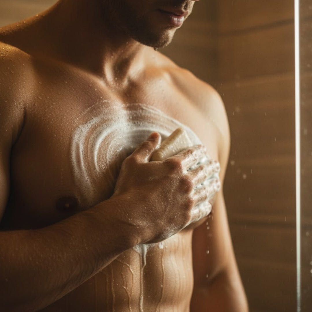 Man applying soap to his chest with a blurred background