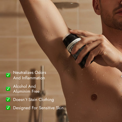 Person applying a deodorant stick to their armpit with product features listed.
