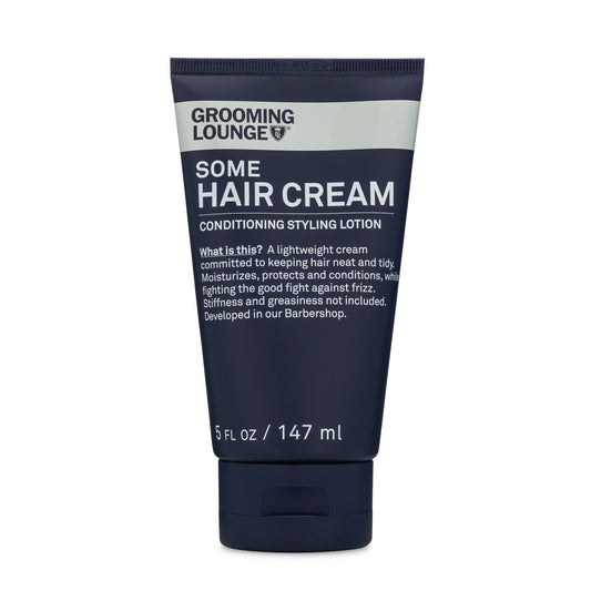 Grooming Lounge Some Hair Cream is a lightweight hair cream committed to keeping hair neat, tidy and handsome. Moisturizes, protects and conditions hair, while fighting the good fight against annoying frizz and fly-aways. Stiffness, greasiness and flakes not included. A hit with men who don't "want to look like they use anything in their hair" -- but really need some product to keep things looking polished. Can be worked through either wet or dry hair with a brush, comb or fingers. 