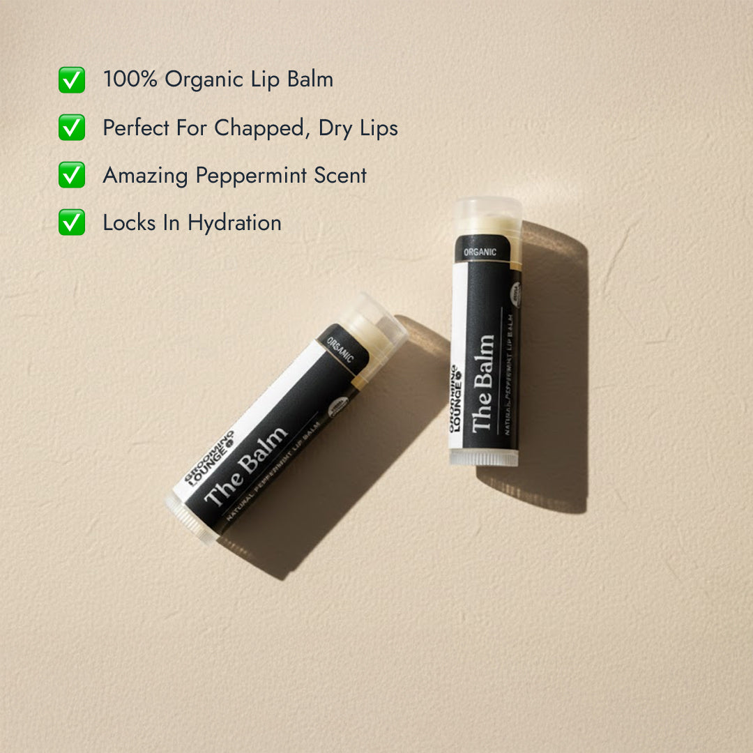 Two lip balms with text highlighting their features on a beige background
