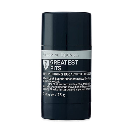 Grooming Lounge Greatest Pits Deodorant uses Eucalyptus to eliminate the bacteria that causes unwanted underarm odors. Free of aluminum and alcohol, fresh and cooling deo lasts all day and doesn't leave behind residue or stains on clothing. Smells fantastic, glides on easily and is perfect for sensitive skin. We think it's the best men's deodorant around -- and we've tried them all.