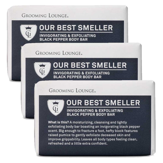 A three-pack of superb moisturizing, cleansing and lightly exfoliating body bars boasting an invigorating black pepper scent. Big enough to fracture a foot, hefty block soaps feature pumice to gently exfoliate deceased skin and improve grippability. Shea Butter jumps into the mix to moisturize and condition skin, while Oatmeal soothes, smooths and protects dermis. Leaves everything it comes into contact with feeling clean, refreshed, smelling superior and a little extra confident. Full of lather. Trio saves